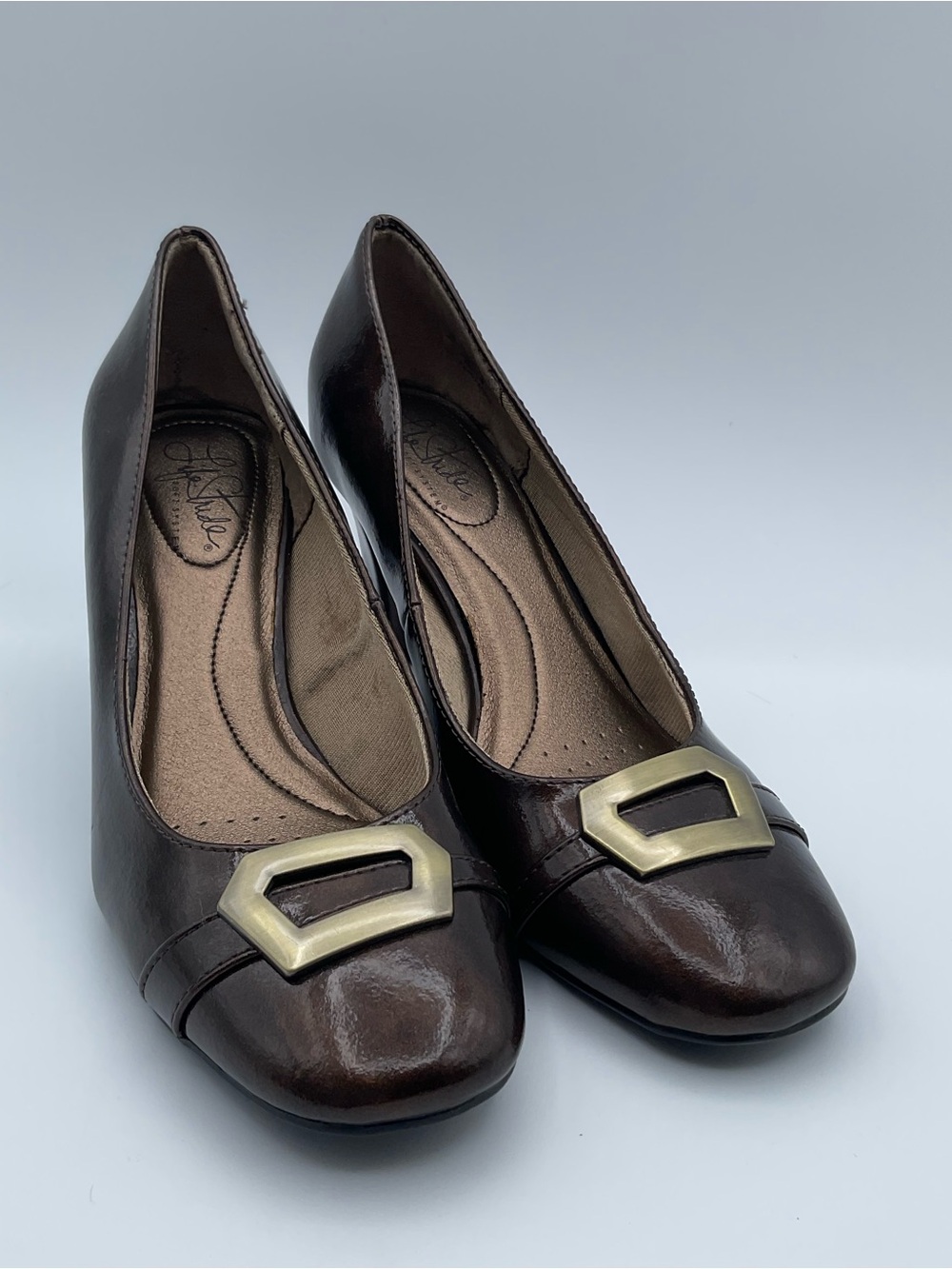LifeStride Women’s Brown Heel Square Toe Comfort Dress Shoes Gold Buckle Size 8